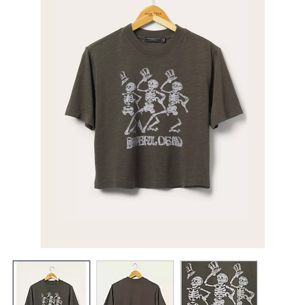 Junk Food Clothing Cropped Tee in Dark Olive with Skeleton Design